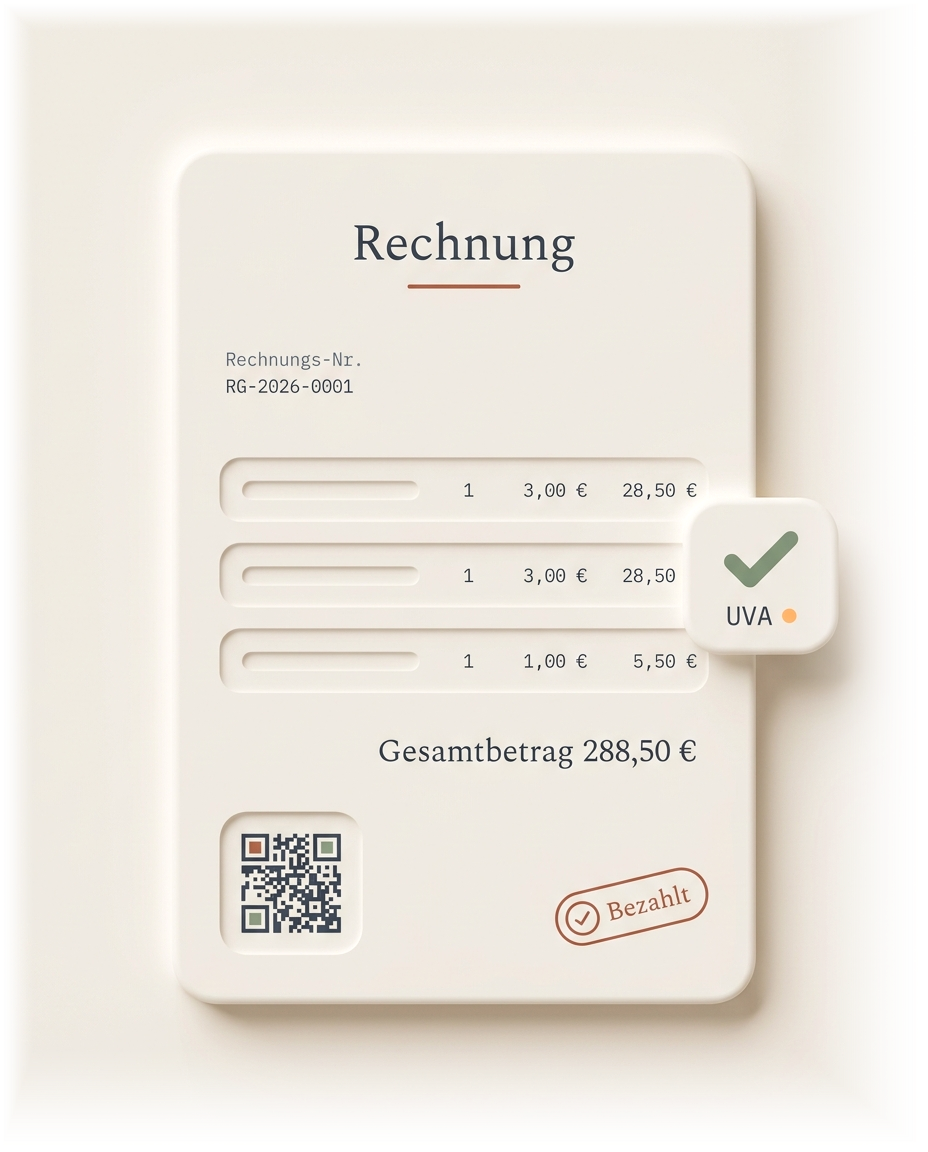 Beispielrechnung von Zvitly: Nummer RG-2026-0001, geprüfte Positionen und ein grünes Häkchen.